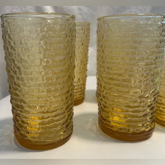Vintage Anchor Hocking Gold Highball Tumbler 4 Piece Set With 3 Juice Glasses - Picture 2 of 10